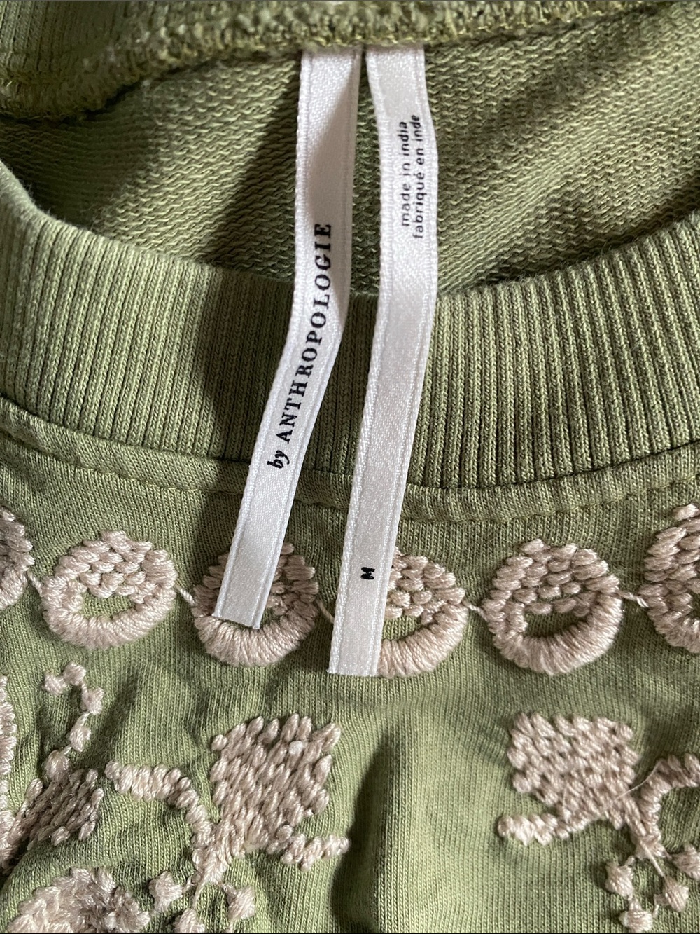 Anthropologie Light Green Crewneck Sweater with Cream Embroidery